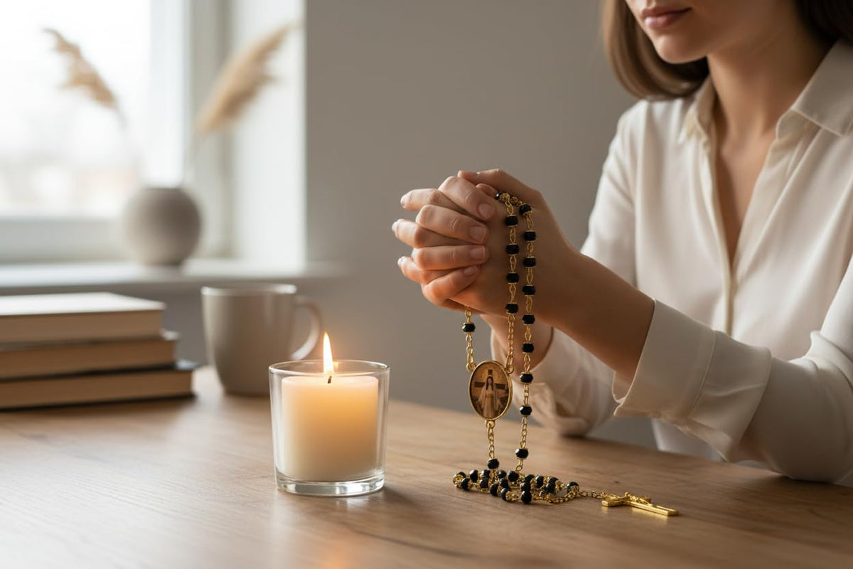 Our Lady of Walsingham Patron of English Catholics Handcrafted rosary jet black quartz capped beads gold plated findings, crucifix, medal centerpiece with color image and a prayer card