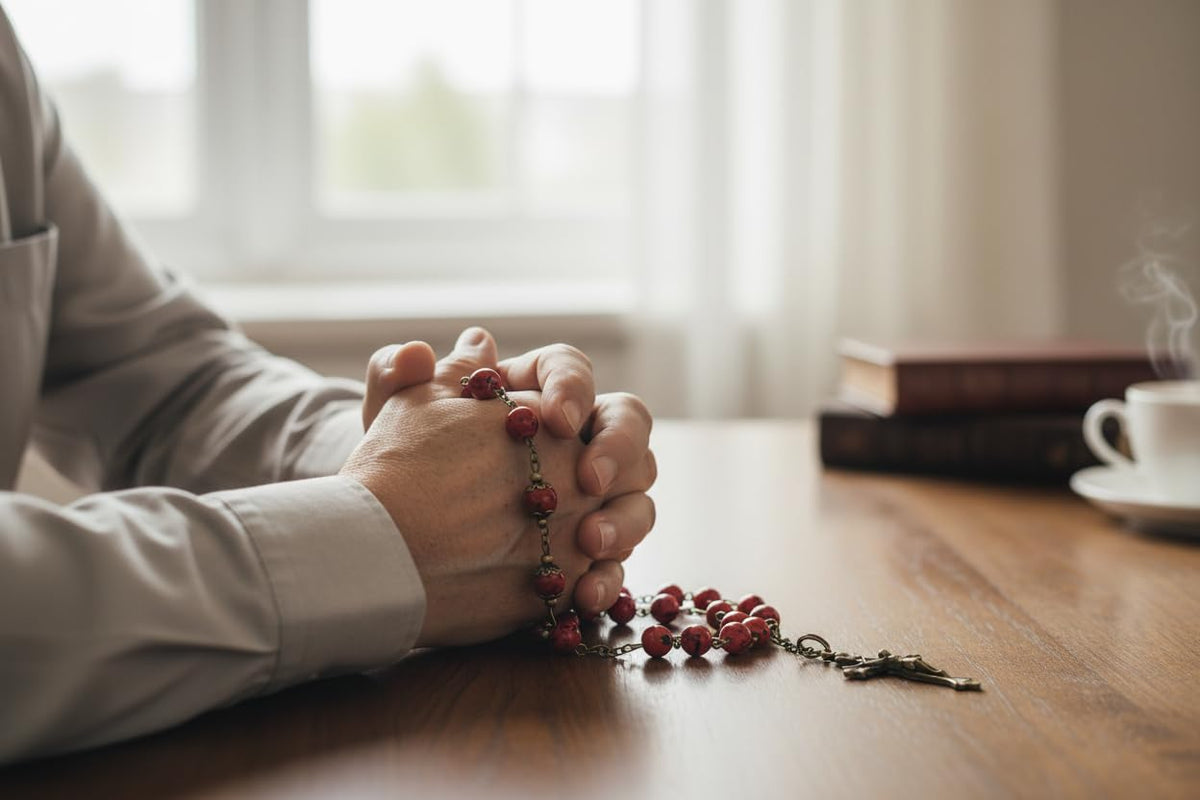 Archbishop Fulton L Sheen Handcrafted Bronze Rosary with Red Round Beads elegant Crucifix and Bronze Medal Centerpiece with color image Includes a prayer card