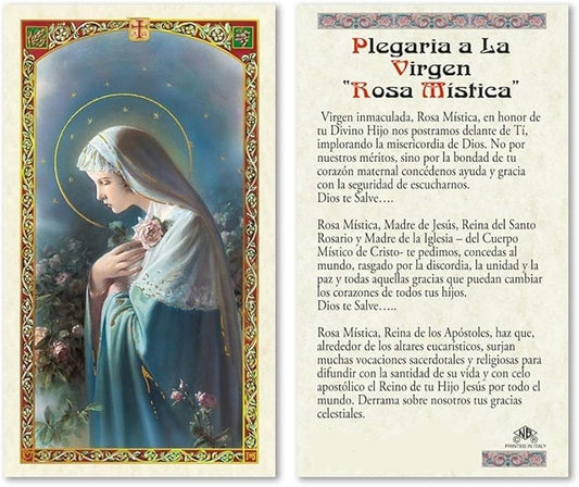 Maria Rosa Mistica Pureza Amor y Humildad Rosario Artesanal con cuentas de cuarzo negro azabache con coronita crucifijo y detalles enchapados en oro centro cabochon con imagen a color y postal de rezo