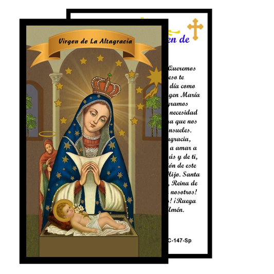 Virgen de la AltaGracia rosario artesanal con cuentas de cuarzo negro azabache con coronita crucifijo y detalles enchapados en oro centro cabochon con imagen a color y postal EN ESPANOL