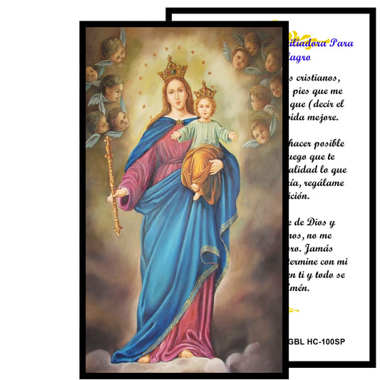 Maria Auxiliadora Rosario artesanal con cuentas de cuarzo negro azabache con coronita crucifijo y detalles enchapados en oro centro cabochon con imagen a color y postal EN ESPANOL