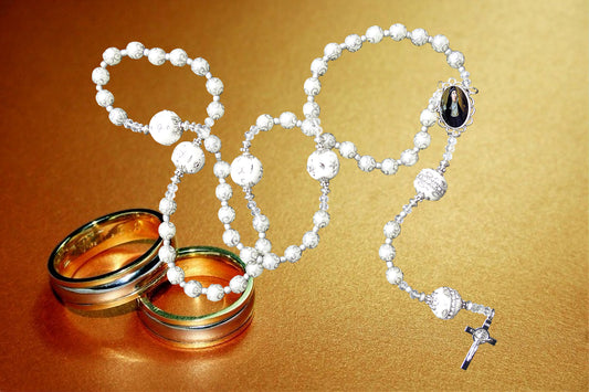 Saint Bridget of Sweden White Quartz Beaded Rosary with Copper Crucifix Findings Centerpiece Color Image Free Blessed Prayer Card