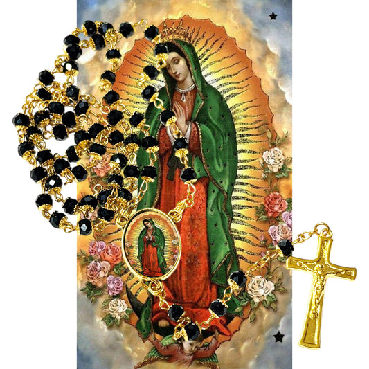 Virgen de Guadalupe La Guadalupana Patrona de las Americas Rosario artesanal con cuentas de cuarzo negro azabache con coronita crucifijo y detalles enchapados en oro centro cabochon con imagen a color y postal EN ESPANOL