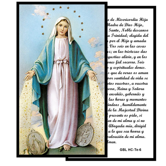 La Milagrosa Rosario artesanal con cuentas de cuarzo negro azabache con coronita crucifijo y detalles enchapados en oro centro cabochon con imagen a color y postal de rezo