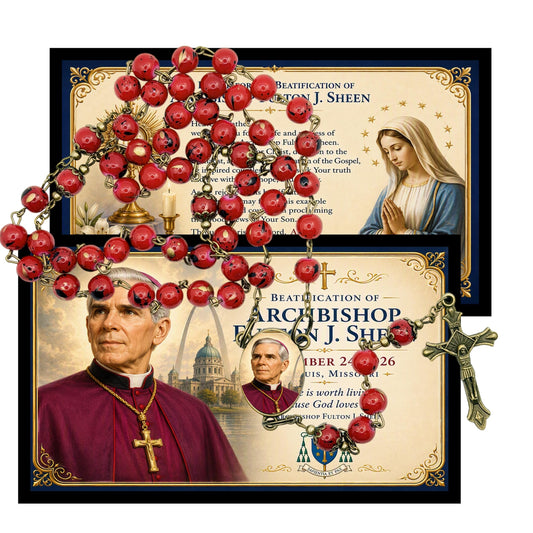 Archbishop Fulton L Sheen Handcrafted Bronze Rosary with Red Round Beads elegant Crucifix and Bronze Medal Centerpiece with color image Includes a prayer card