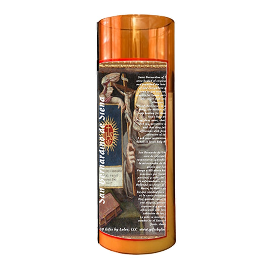Saint Bernardino of Siena LED Acrylic Pillar Candle with Flickering Flame Battery Operated great for places where an open flame is not allowed hospitals nursing homes dorms-Batteries included
