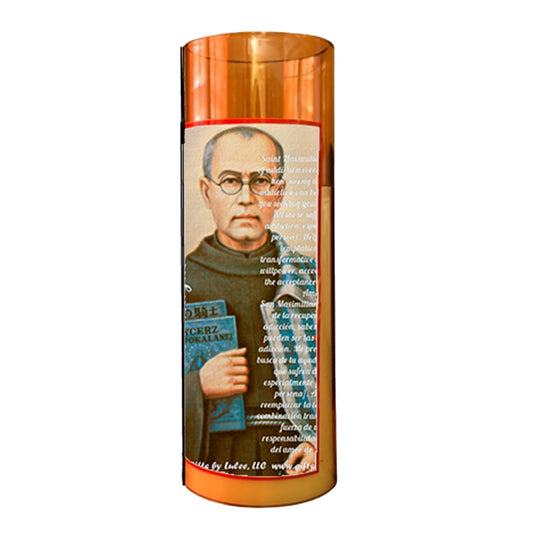 Saint Maximilian Kolbe LED Acrylic Pillar Candle with Flickering Flame Battery Operated great for places where an open flame is not allowed hospitals nursing homes dorms-Batteries included