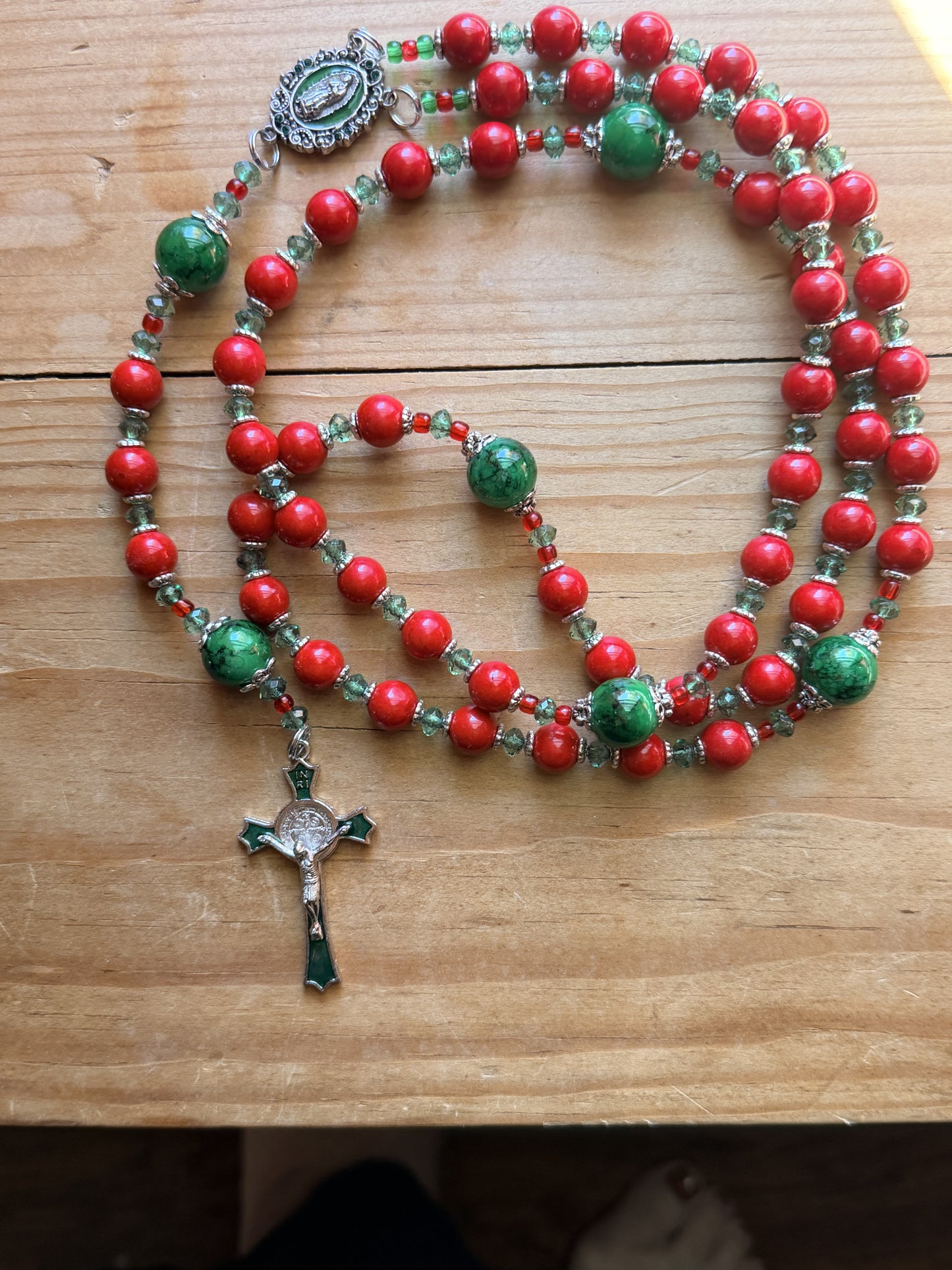 Stunning Hand Made Red and Green Glass Bead Rosary with Our Lady of Guadalupe Centerpiece