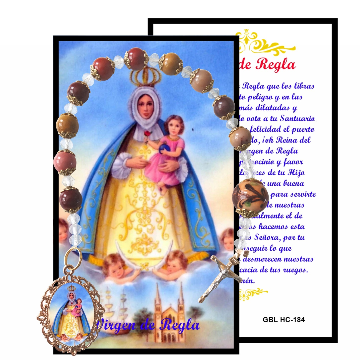 Virgen de Regla Coronilla o Rosario de Bolsillo Cuarzo Marrón Incluye Postal de Rezo Bendecida por Su Santidad