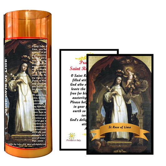 Saint Rose of Lima LED Acrylic Pillar Candle with Flickering Flame Battery Operated great for places where an open flame is not allowed hospitals nursing homes dorms-Batteries included