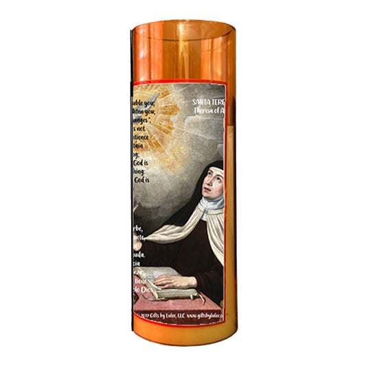 Teresa of Ávila Flameless LED Acrylic Pillar Candle with Flickering Flame Battery Operated great for places where an open flame is not allowed hospitals nursing homes dorms-Batteries included