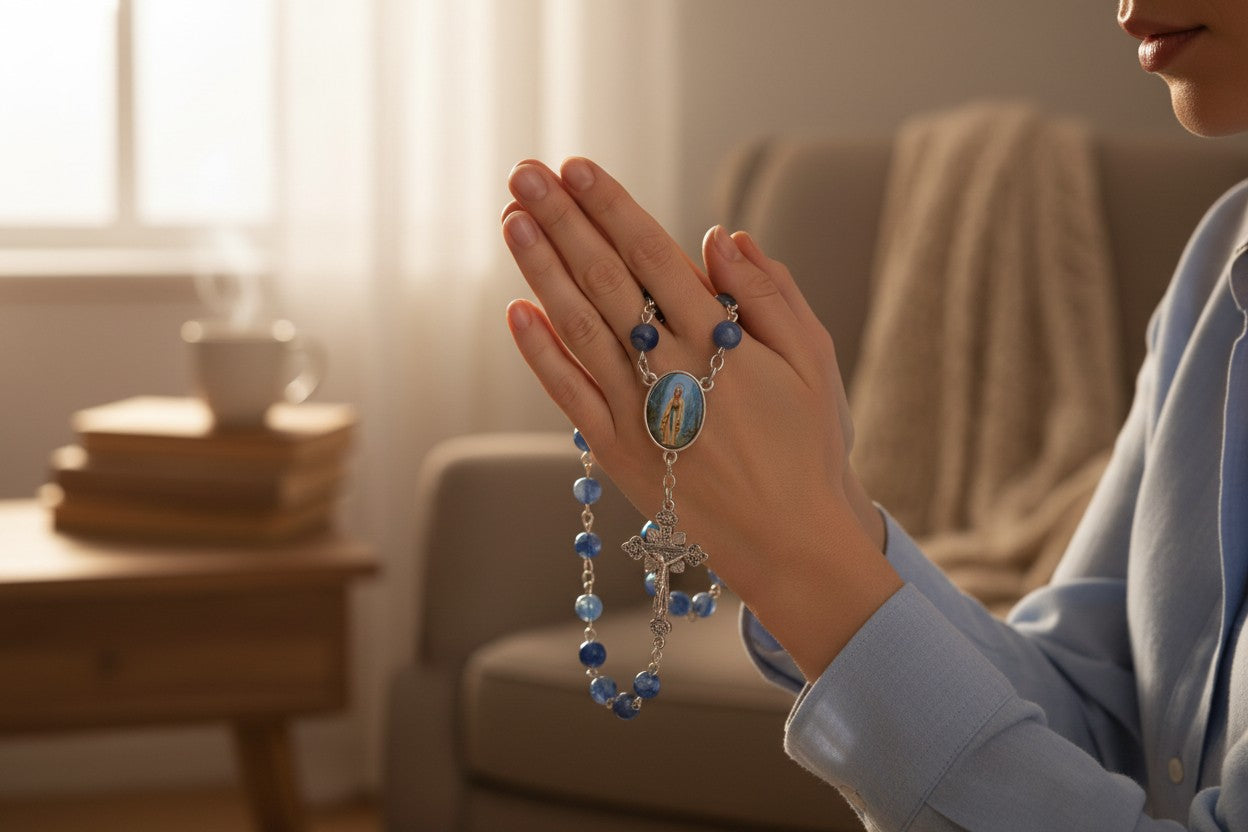 Saint John the Baptist Handcrafted Blue Crystal Rosary with Silver‑Plated crucifix and Color Image Centerpiece – Cross Pater Nosters and Prayer Card Included