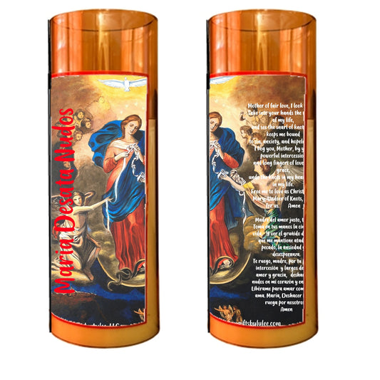 Our Lady of Knots La Virgen Desatanudos LED Acrylic Pillar Candle with Flickering Flame Battery Operated great for places where an open flame is not allowed hospitals nursing homes dorms-Batteries included