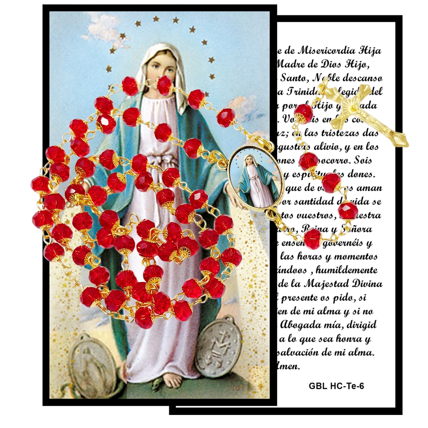 Our Lady of The Miraculous Medal Handcrafted Scarlett Red Crystal Rosary with All Capped Beads Gold Plated Findings a Cabochon Bezel Center with Color Image and Gold Includes a Prayer Card IN ENGLISH