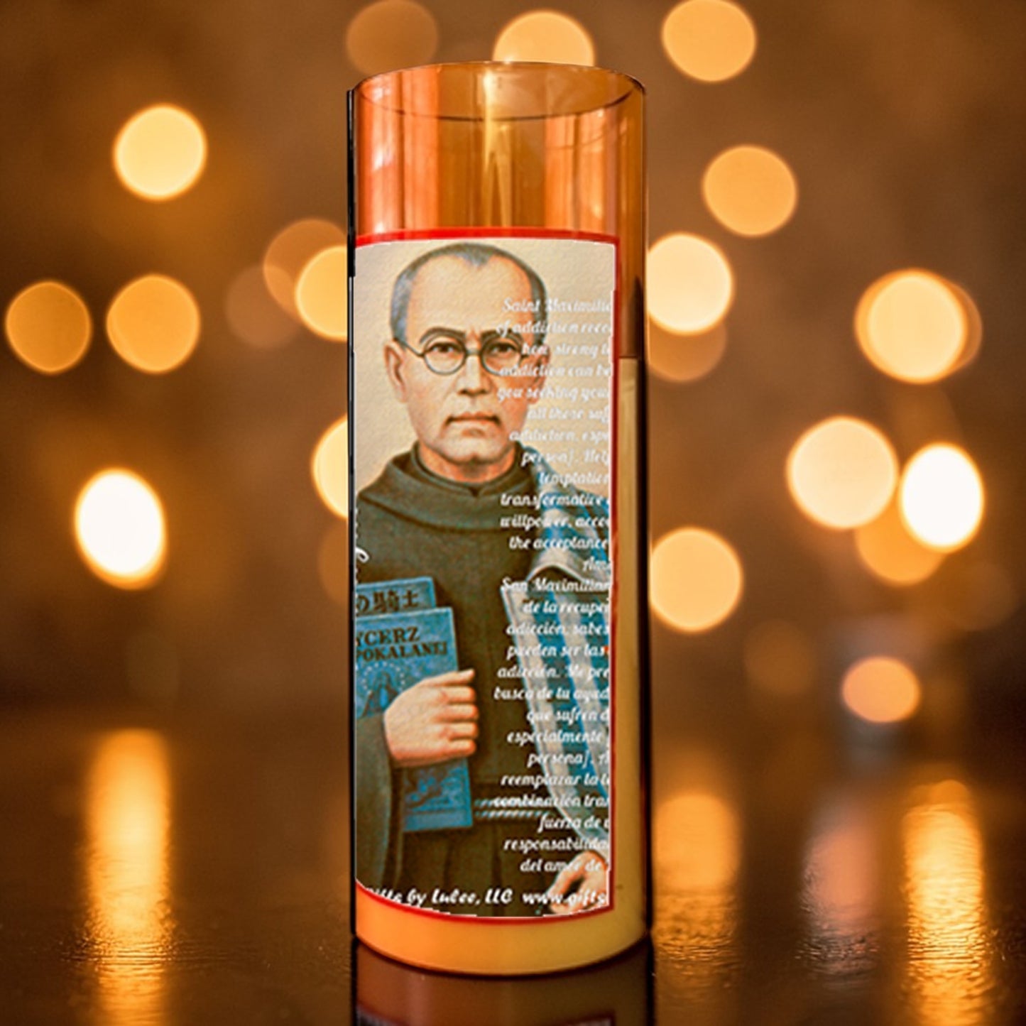 Saint Maximilian Kolbe LED Acrylic Pillar Candle with Flickering Flame Battery Operated great for places where an open flame is not allowed hospitals nursing homes dorms-Batteries included