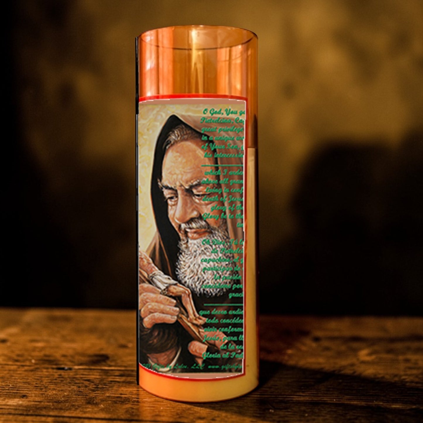 Padre Pio LED Acrylic Pillar Candle with Flickering Flame Battery Operated great for places where an open flame is not allowed hospitals nursing homes dorms-Batteries included