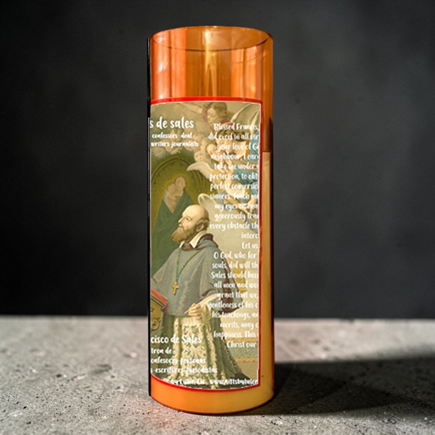 Saint Francis de Sales LED Acrylic Pillar Candle with Flickering Flame Battery Operated great for places where an open flame is not allowed hospitals nursing homes dorms-Batteries included