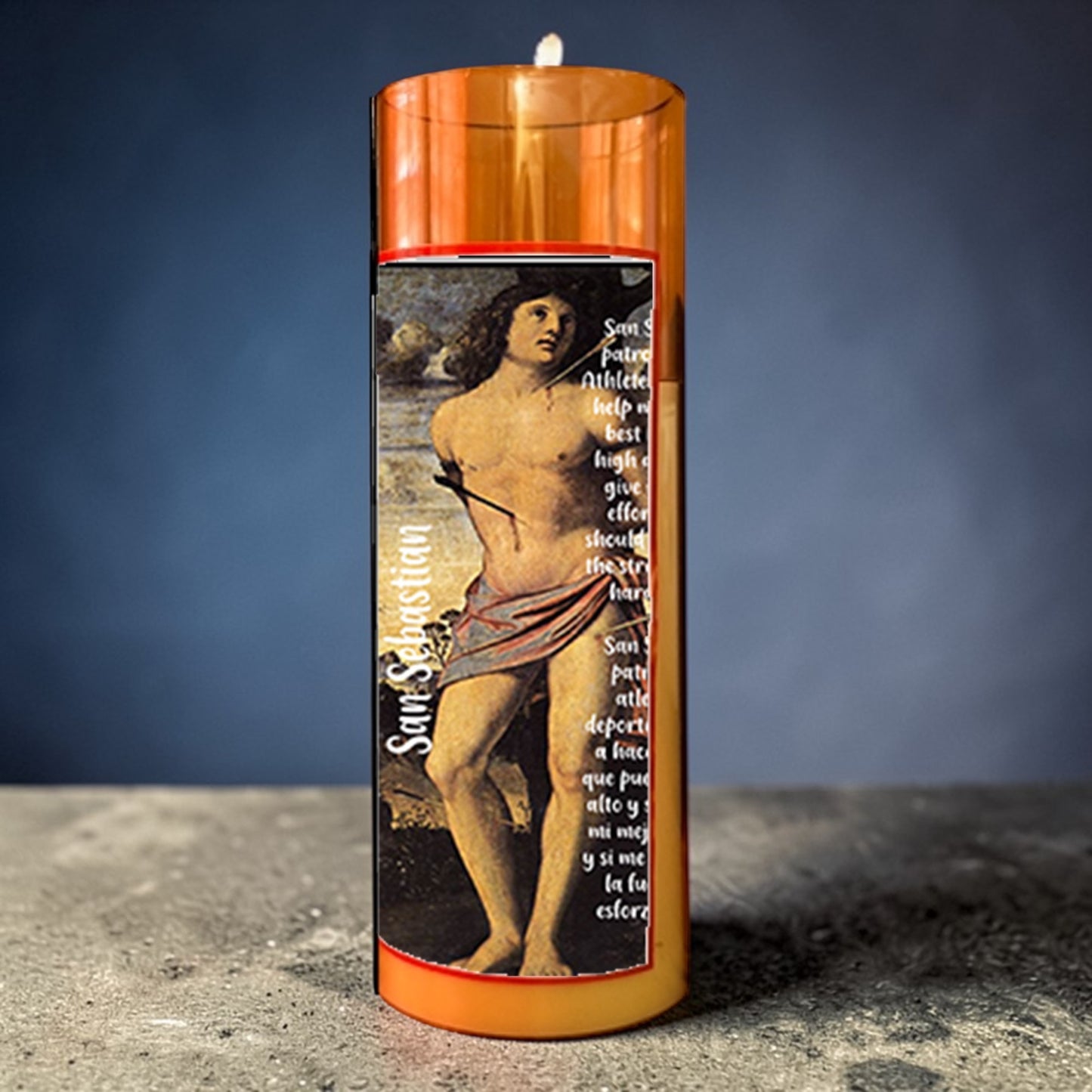 Saint Sebastian LED Acrylic Pillar Candle with Flickering Flame Battery Operated great for places where an open flame is not allowed hospitals nursing homes dorms-Batteries included