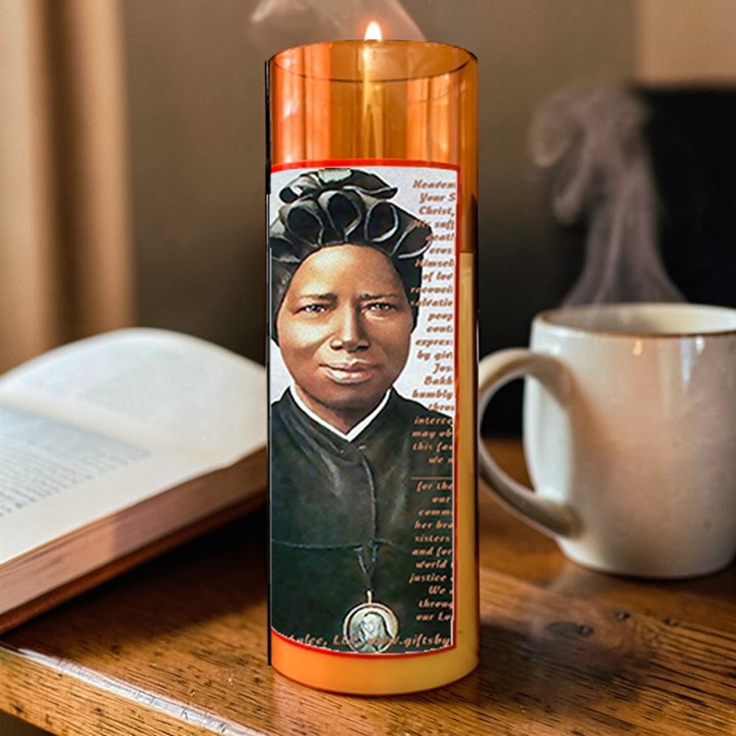 Saint Josephine Bakhita LED Acrylic Pillar Candle with Flickering Flame Battery Operated great for places where an open flame is not allowed hospitals nursing homes dorms-Batteries included