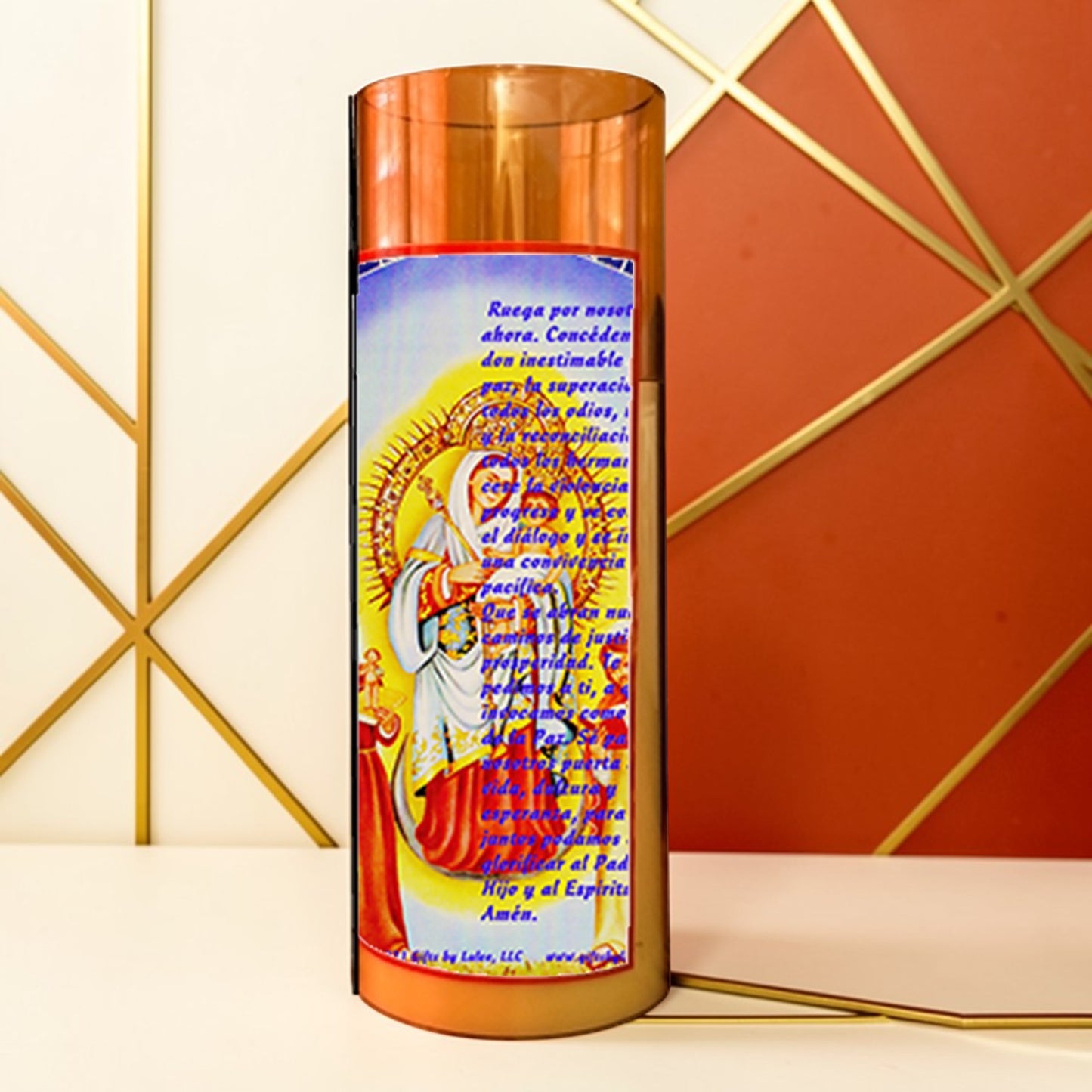 Our Lady of the Rosary of Chiquinquirá LED Acrylic Pillar Candle with Flickering Flame Battery Operated great for places where an open flame is not allowed hospitals nursing homes dorms-Batteries included