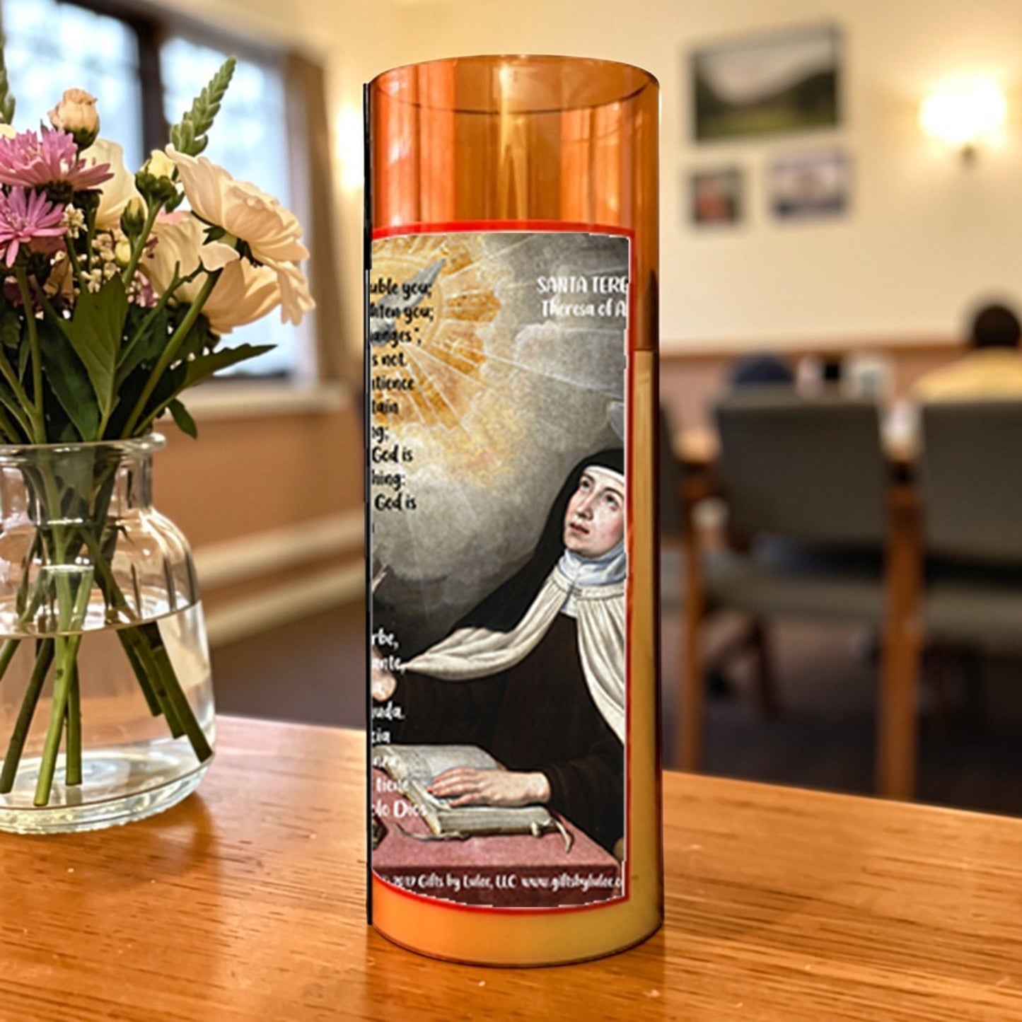 Teresa of Ávila Flameless LED Acrylic Pillar Candle with Flickering Flame Battery Operated great for places where an open flame is not allowed hospitals nursing homes dorms-Batteries included