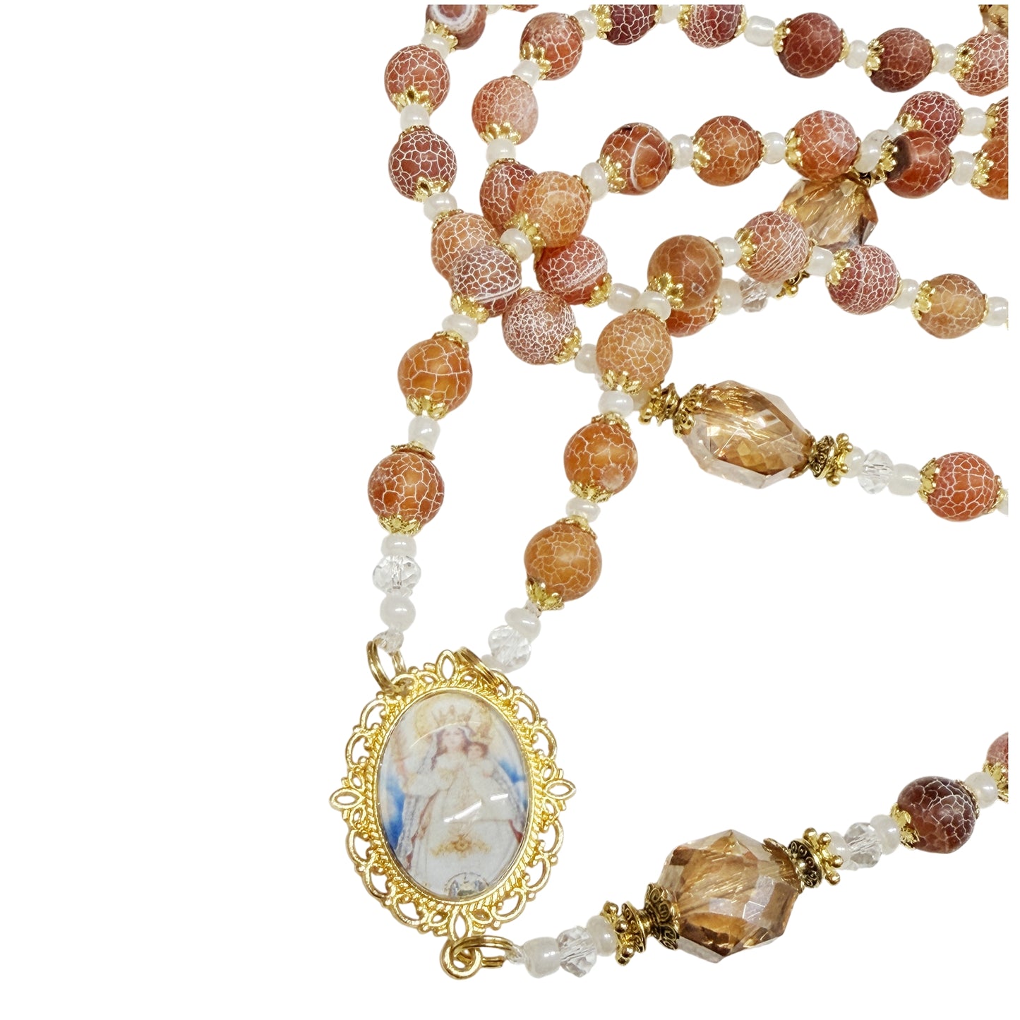 Nuestra Senora de la Paz Patrona del Salvador  con Cuentas de Cuarzo de Fuego 10mm Crucifijo Chapado en Oro Centro con Imagen a Color Incluye Tarjeta de Oracion