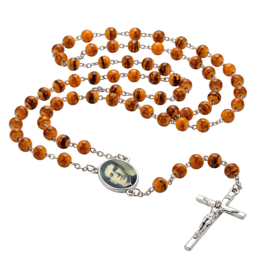 Santo Toribio Romo Patron de los Migrantes rosario artesanal con cuentas de cristal color azafran y ambar con accesorios y crucifijo bañados en plata, centro tipo cabujón con imagen a color Incluye tarjeta de oración EN ESPAÑOL