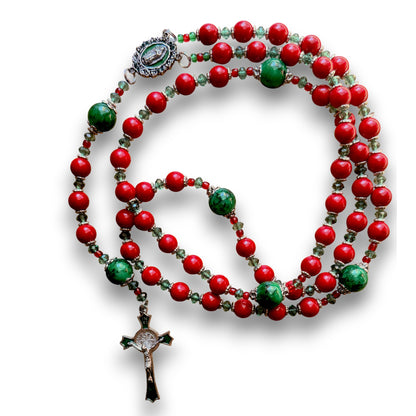 Stunning Hand Made Red and Green Glass Bead Rosary with Our Lady of Guadalupe Centerpiece