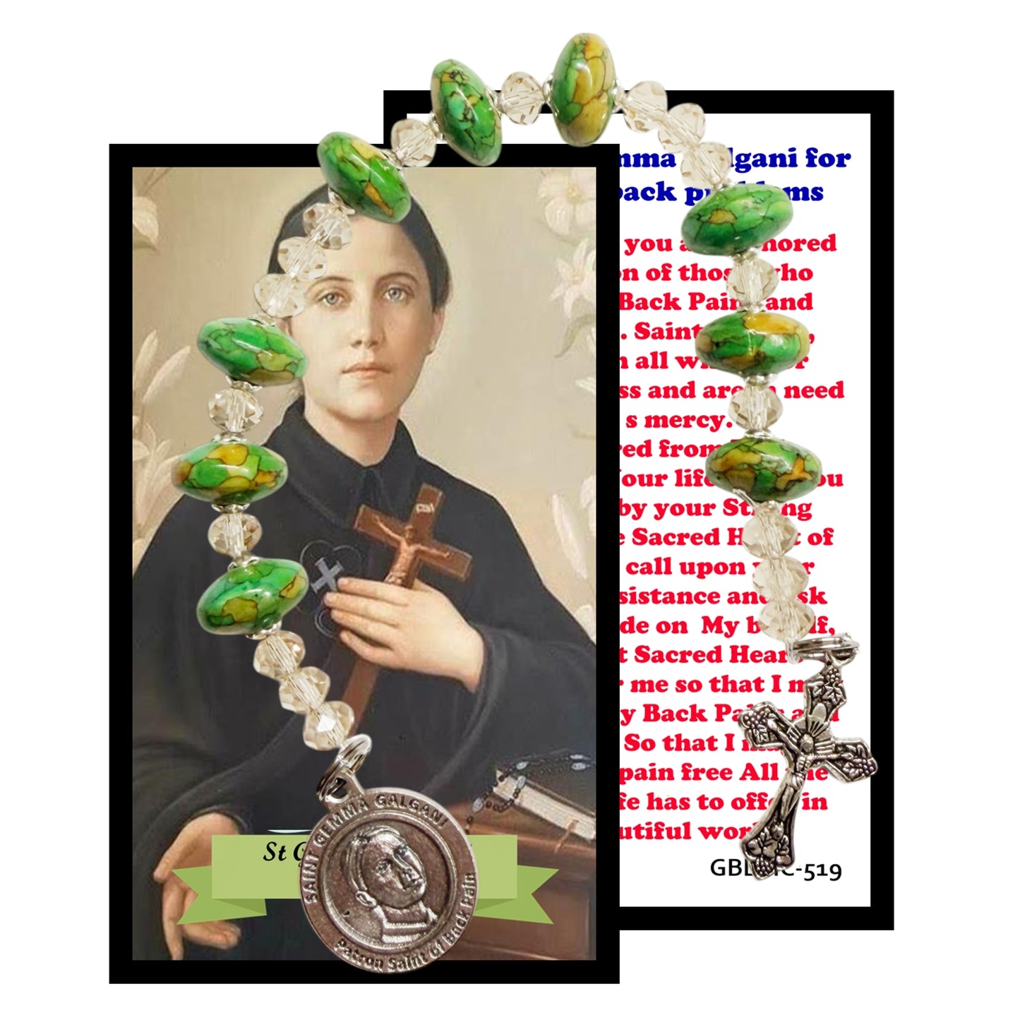Saint Gemma Galgani Chaplet Prayer Card for Back Pain– Green Beads with Sparkle of Gold Color