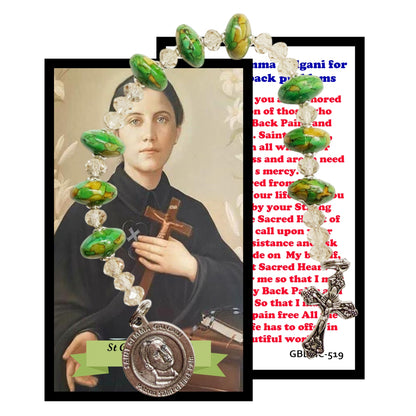 Saint Gemma Galgani Chaplet Prayer Card for Back Pain– Green Beads with Sparkle of Gold Color