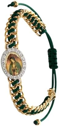 Our Lady of Guadalupe Bracelet, Green Cord with Gold Chain, Crystal Rhinestone Medallion, Catholic Religious Jewelry and a free Blessed prayer card in English or Español