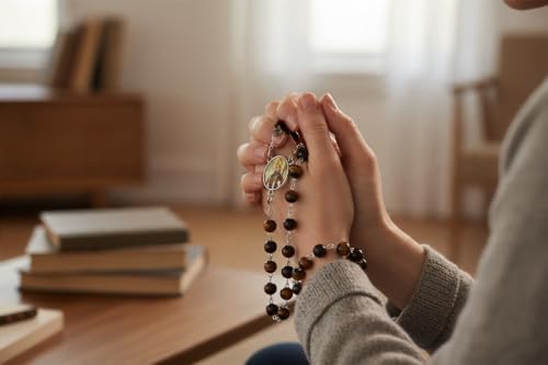 Nuestra Señora de los Dolores Rosario Católico de Piedra Natural Tiger Eye, Cuentas de Oración con Crucifijo Plateado y Medalla Central, Cadena Resistente para Uso Diario y Regalos Religiosos
