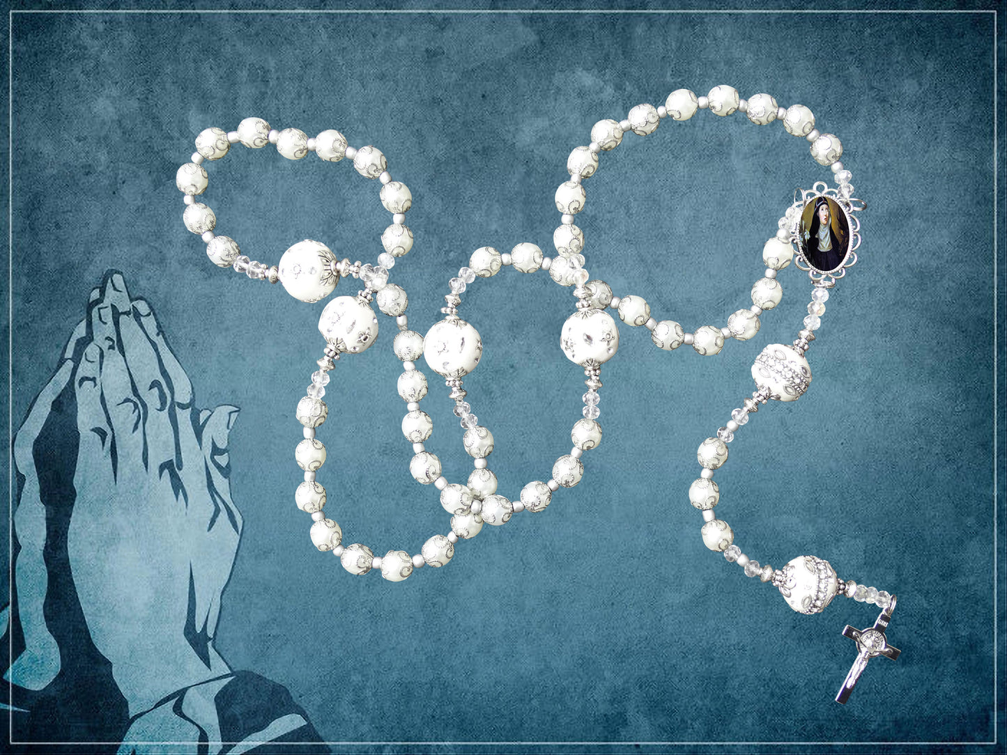 Saint Bridget of Sweden  White Quartz Beaded Rosary with Copper Crucifix  Findings Centerpiece  Color Image Free Blessed Prayer Card