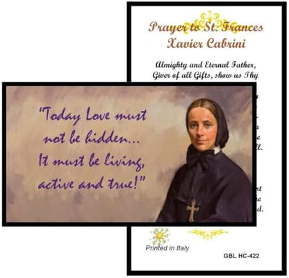 St. Frances Xavier Cabrini Catholic Prayer Pin Brooch, Gold-Tone Rhinestone Safety Pin with Saint Medal, Cross Charm, Pearl Bead Accent & English Prayer Card, Religious Faith Jewelry Gift