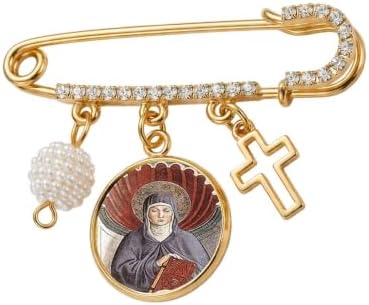 Saint Monica Catholic Prayer Pin Brooch, Gold-Tone Rhinestone Safety Pin with Saint Medal, Cross Charm, White Pearl Bead Accent & English Prayer Card, Religious Faith Jewelry Gift