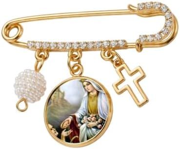 St. Isabelle Catholic Prayer Pin Brooch, Gold-Tone Rhinestone Safety Pin with Saint Medal, Cross Charm, Pearl Bead Accent & English Prayer Card, Religious Faith Jewelry Gift