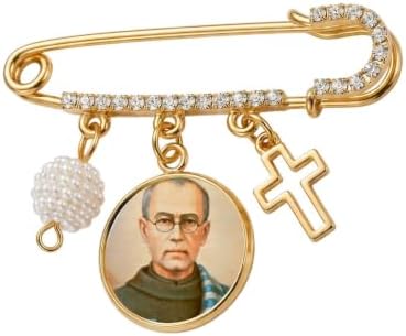 St. Maximilian Kolbe Catholic Prayer Pin Brooch, Gold-Tone Rhinestone Safety Pin with Saint Medal, Cross Charm, White Pearl Bead Accent & English Prayer Card, Religious Faith Jewelry Gift