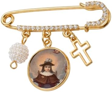 Holy Child of Atocha Religious Devotional Pin Gold-Tone Brooch with Saint Medal Charm, Faith Jewelry, Catholic Gift for Prayer and Protection