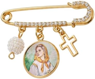 St. Dymphna Catholic Prayer Pin Brooch, Gold-Tone Rhinestone Safety Pin with Saint Medal, Cross Charm, Pearl Bead Accent & English Prayer Card, Religious Faith Jewelry Gift