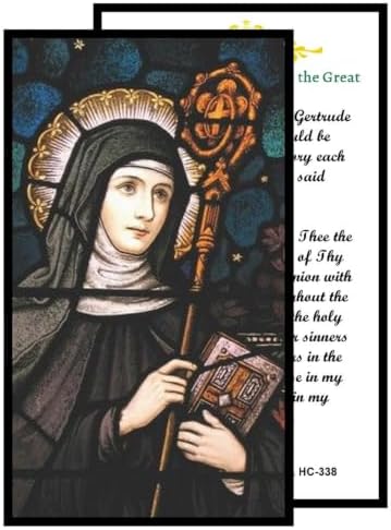St. Gertrude the Great Catholic Prayer Pin Brooch, Gold-Tone Rhinestone Safety Pin with Saint Medal, Cross Charm, Pearl Bead Accent & English Prayer Card, Religious Faith Jewelry Gift