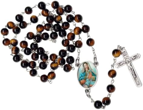 Our Lady of Divine Providence Catholic Rosary with Natural Tiger Eye Beads, Silver Crucifix and Center Medal, English Prayer Card, Natural Stone Prayer Beads for Daily Prayer, Devotion & Gifting