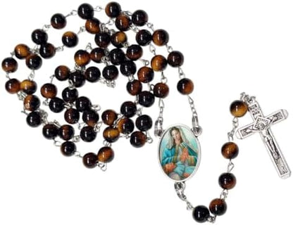 Nuestra Señora de la Divina Providencia Rosario Católico de Piedra Natural Tiger Eye, Cuentas de Oración con Crucifijo Plateado y Medalla Central, Cadena Resistente para Uso Diario y Regalos Religiosos