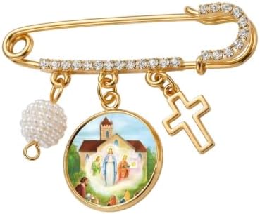 Our Lady of Knock Catholic Prayer Pin Brooch, Gold-Tone Rhinestone Safety Pin with Saint Medal, Cross Charm, White Pearl Bead Accent & English Prayer Card, Religious Faith Jewelry Gift