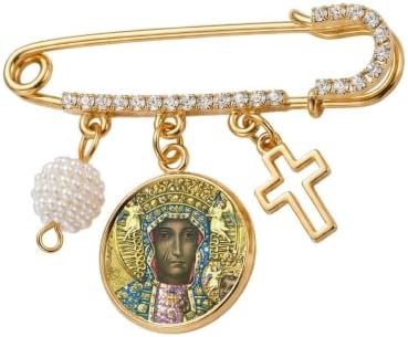 Our Lady of Czestochowa Catholic Prayer Pin Brooch, Gold-Tone Rhinestone Safety Pin with Saint Medal, Cross Charm, Pearl Bead Accent & English Prayer Card, Religious Faith Jewelry Gift