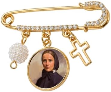 St. Frances Xavier Cabrini Catholic Prayer Pin Brooch, Gold-Tone Rhinestone Safety Pin with Saint Medal, Cross Charm, Pearl Bead Accent & English Prayer Card, Religious Faith Jewelry Gift