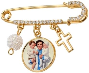 St. Gianna Beretta Molla Catholic Prayer Pin Brooch, Gold-Tone Rhinestone Safety Pin with Saint Medal, Cross Charm, Pearl Bead Accent & English Prayer Card, Religious Faith Jewelry Gift