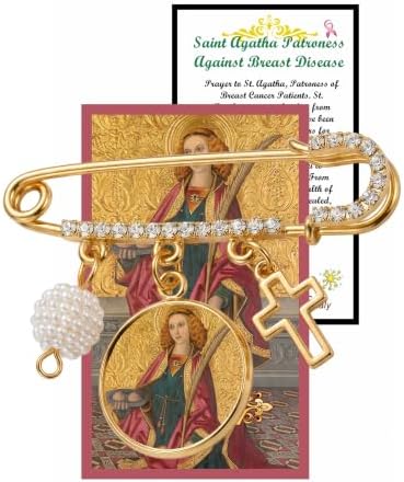 Broche Imperdible Dorado de Santa Águeda, Patrona del Cáncer de Mama, con Medalla de Santa, Cruz, Perla y Detalles de Cristal. Pin Religioso Inspirador de Fe
