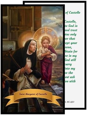 St. Margaret of Castello Catholic Prayer Pin Brooch, Gold-Tone Rhinestone Safety Pin with Saint Medal, Cross Charm, White Pearl Bead Accent & English Prayer Card, Religious Faith Jewelry Gift