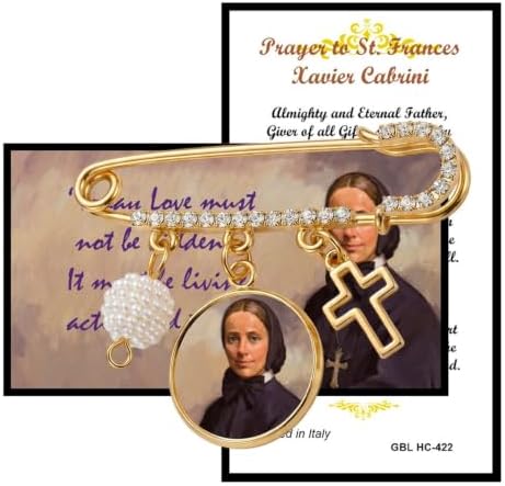 St. Frances Xavier Cabrini Catholic Prayer Pin Brooch, Gold-Tone Rhinestone Safety Pin with Saint Medal, Cross Charm, Pearl Bead Accent & English Prayer Card, Religious Faith Jewelry Gift