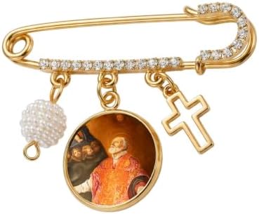 St. Philip Neri Catholic Prayer Pin Brooch, Gold-Tone Rhinestone Safety Pin with Saint Medal, Cross Charm, White Pearl Bead Accent & English Prayer Card, Religious Faith Jewelry Gift